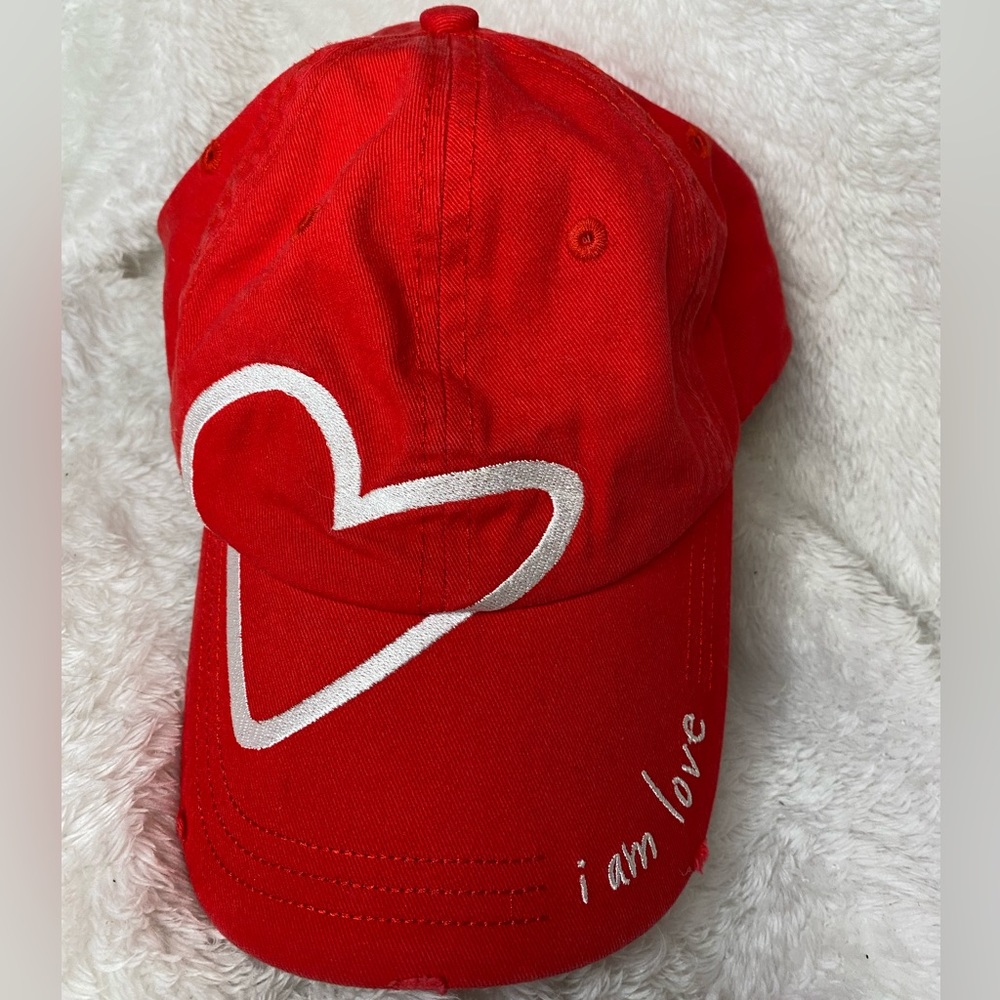 PEACELOVEWORLD Woman’s Red I AM LOVE baseball cap.